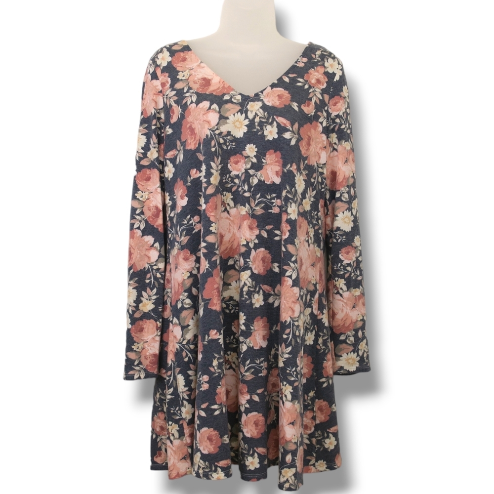 By & By Dress Tie Back Long Sleeve Heather Gray Pink Ivory Floral Extra Large